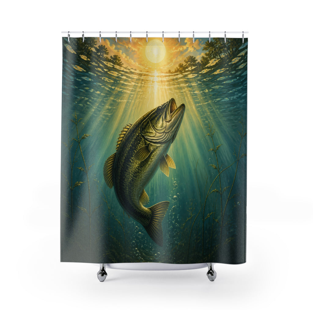 Largemouth bass rising through golden sunbeams in a teal lake shower curtain with full front view
