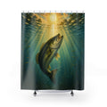 Largemouth bass rising through golden sunbeams in a teal lake shower curtain with full front view