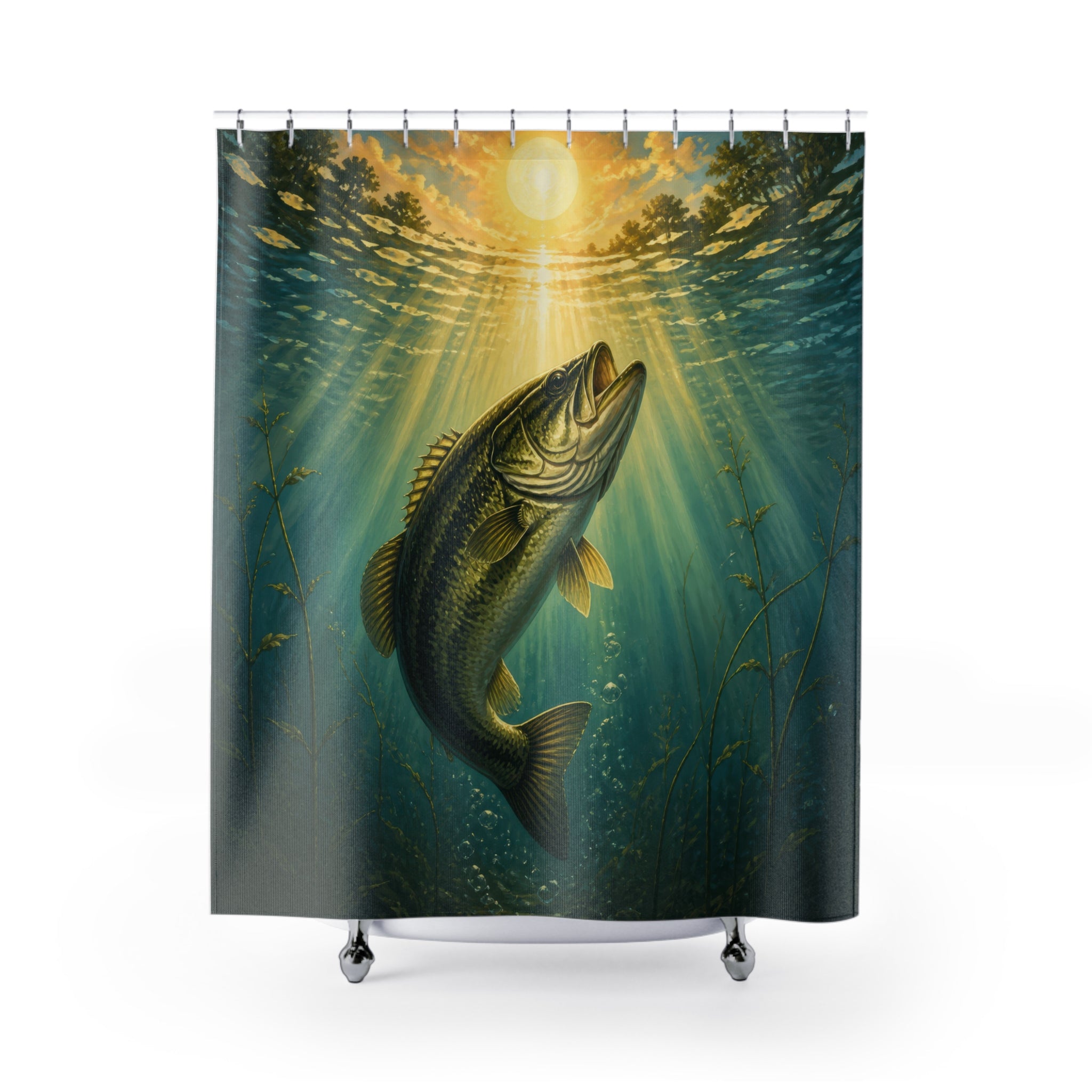 Largemouth bass rising through golden sunbeams in a teal lake shower curtain with full front view