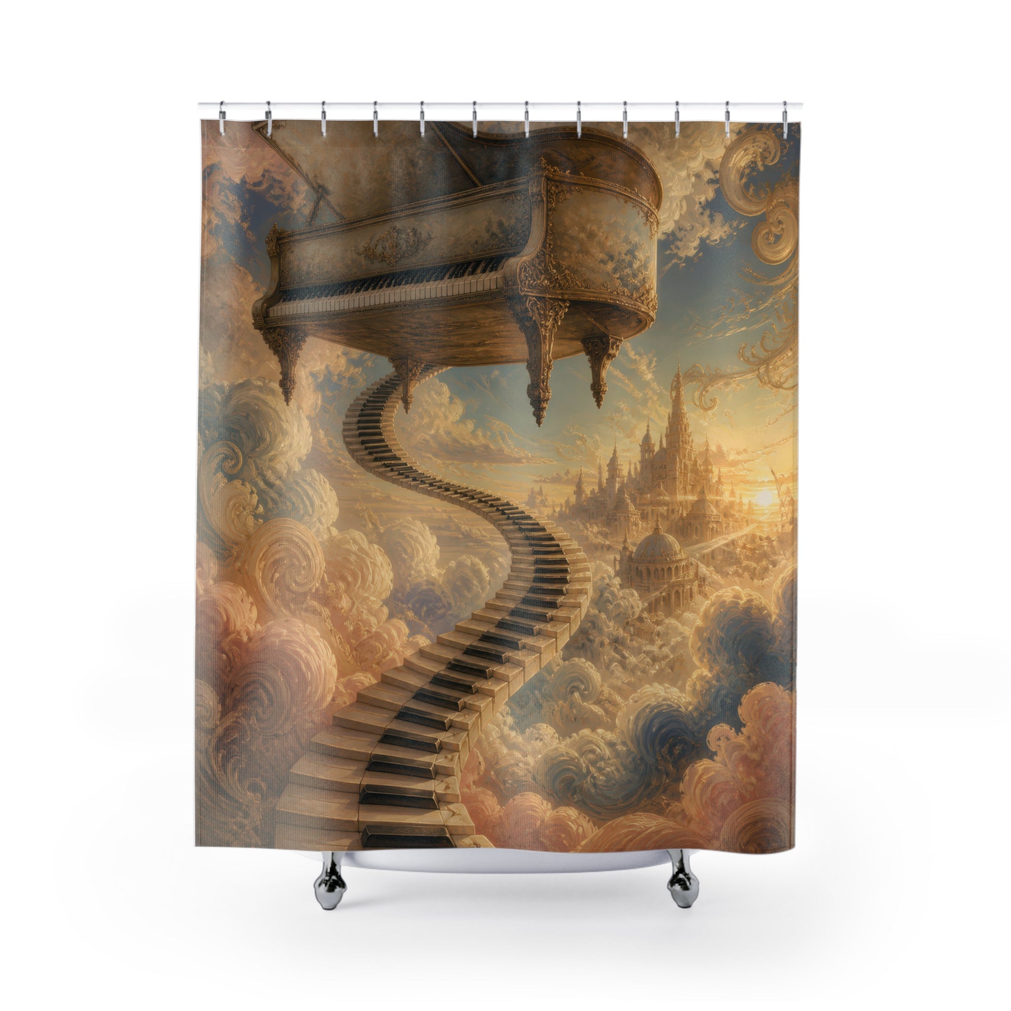 Floating piano above a keyboard stairway shower curtain with full front view