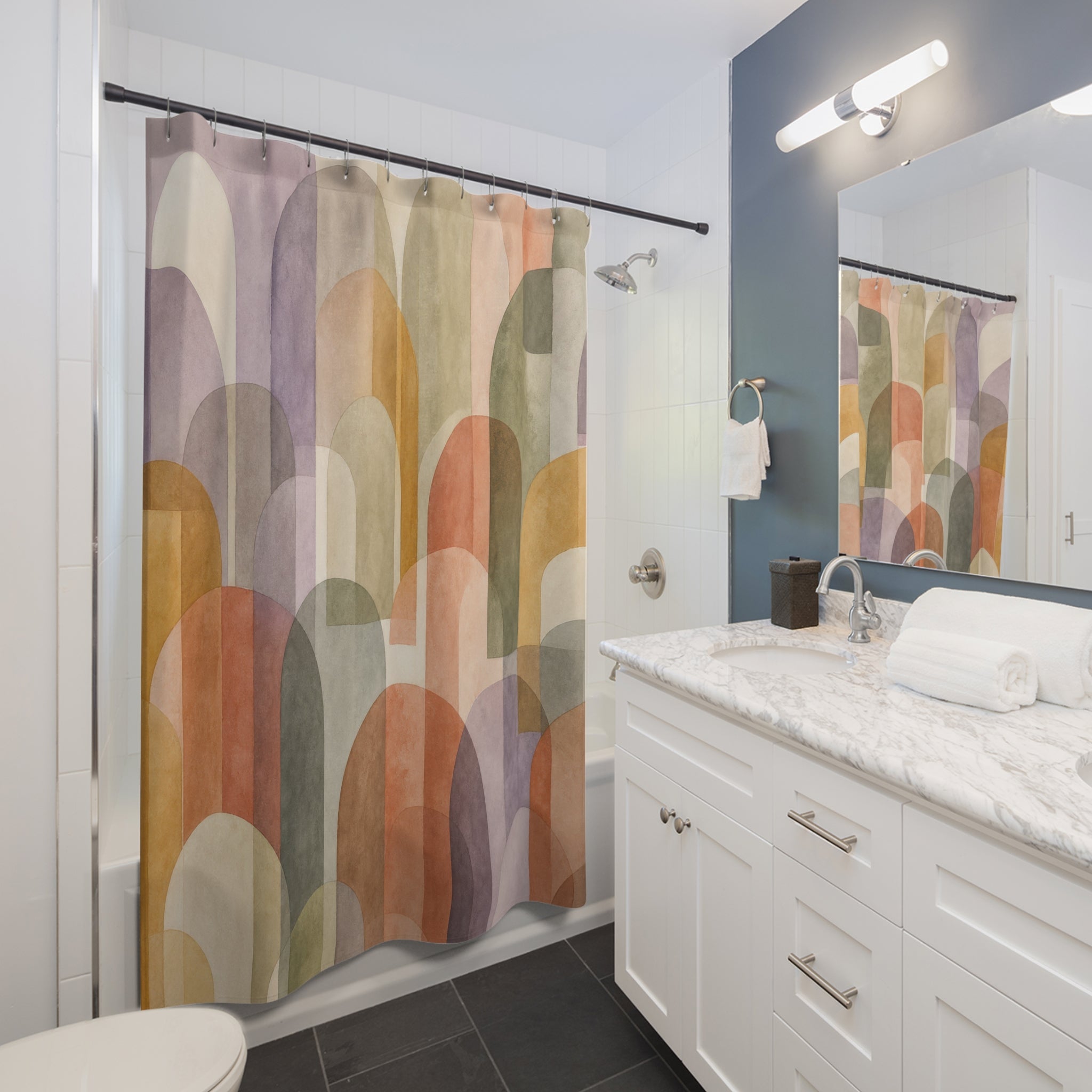 Pastel Abstract Shower Curtain, Modern Arch Block Pattern, Soft Rainbow Bathroom Decor, Calm Pastel Wall Decor Guest Bath Wall Gift