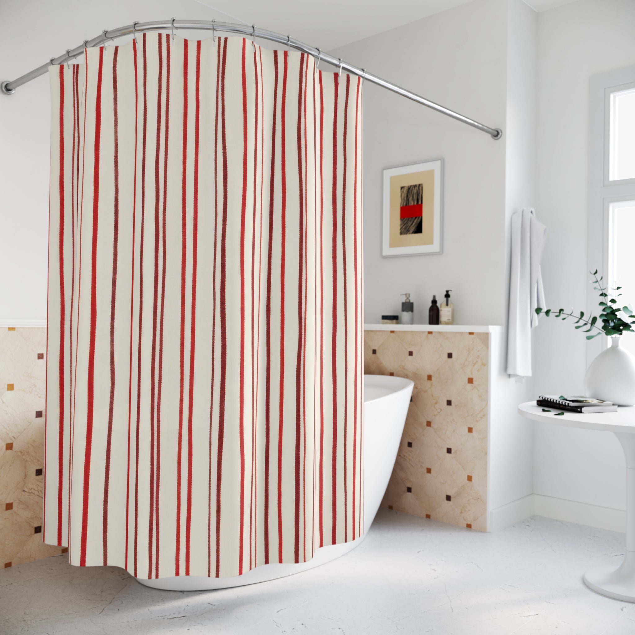 Skinny Red Line Shower Curtain, Red Ivory Classic Bathroom Decor, Modern Stripe Bath Curtain, Guest Bath Decor, Small Bathroom Decor