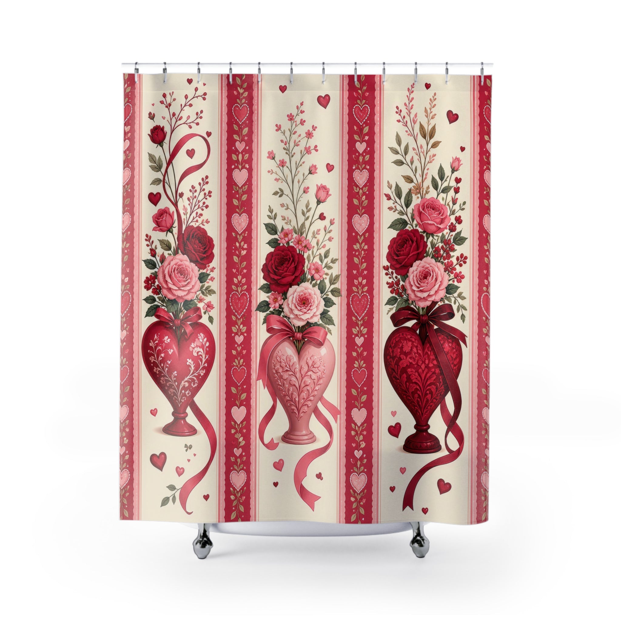 Floral heart vases with red and blush rose bouquets shower curtain with full front view