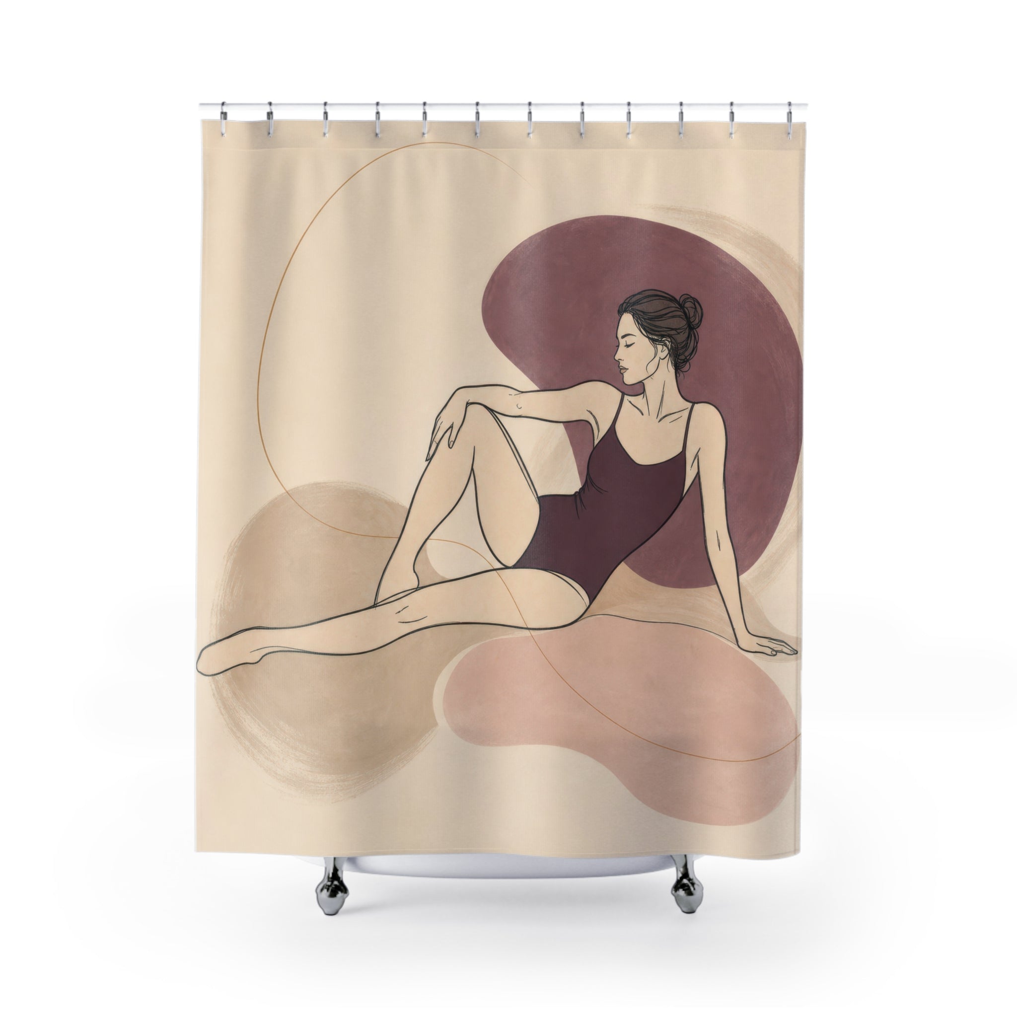 Figure Art Shower Curtain, Reclining Woman Abstract Pattern, Pink Taupe Bathroom Decor, Modern Guest Bath Line Art Style