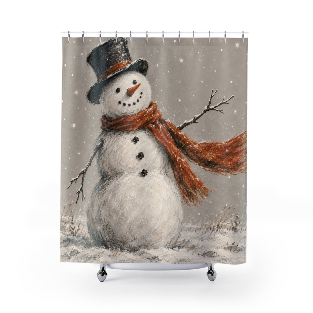 White snowman with orange scarf and black hat in grey snow shower curtain with full front view