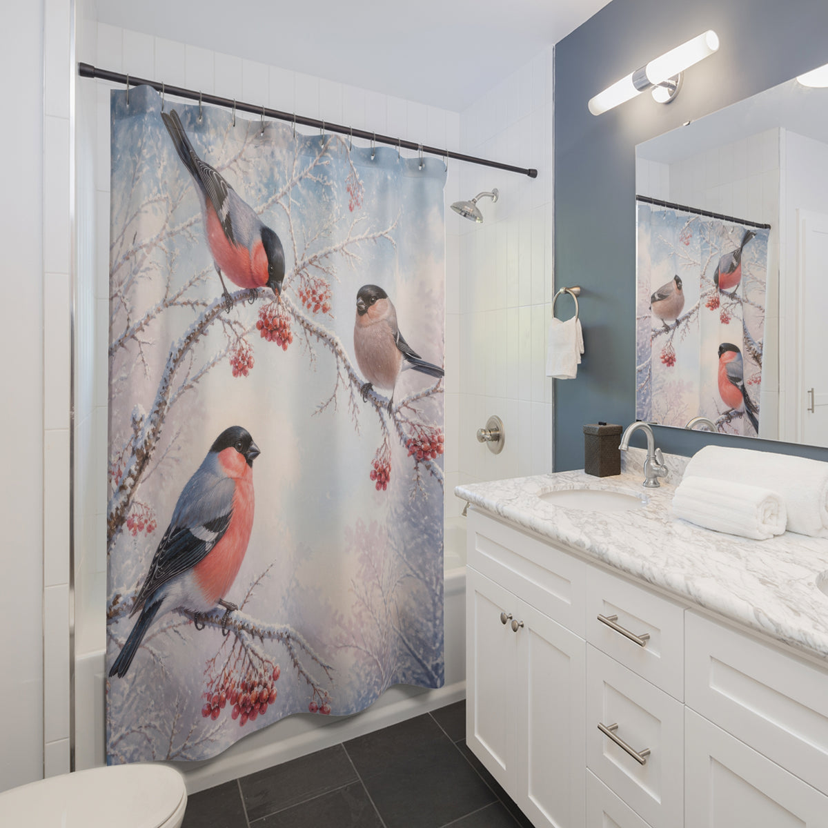 Rosy bullfinches on frosted berries shower curtain beside a white vanity