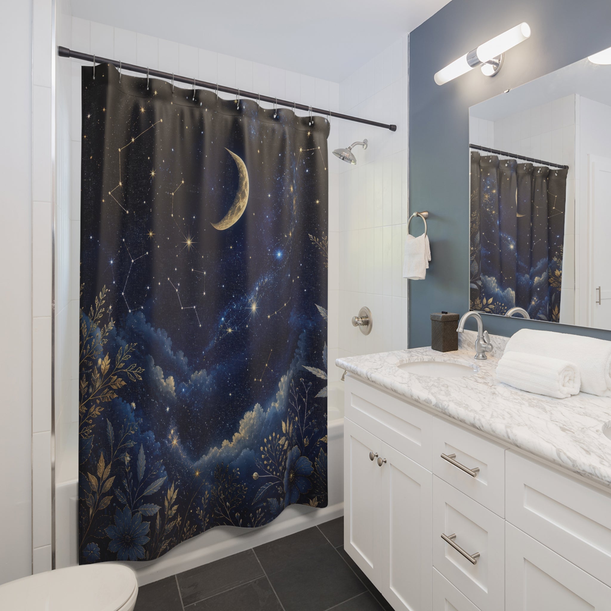Night Sky Shower Curtain: Celestial Moon Star Landscape