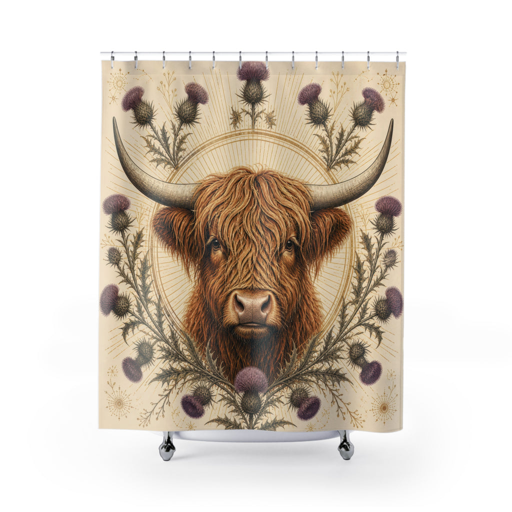 Golden Thistle Highland Cow Shower Curtain