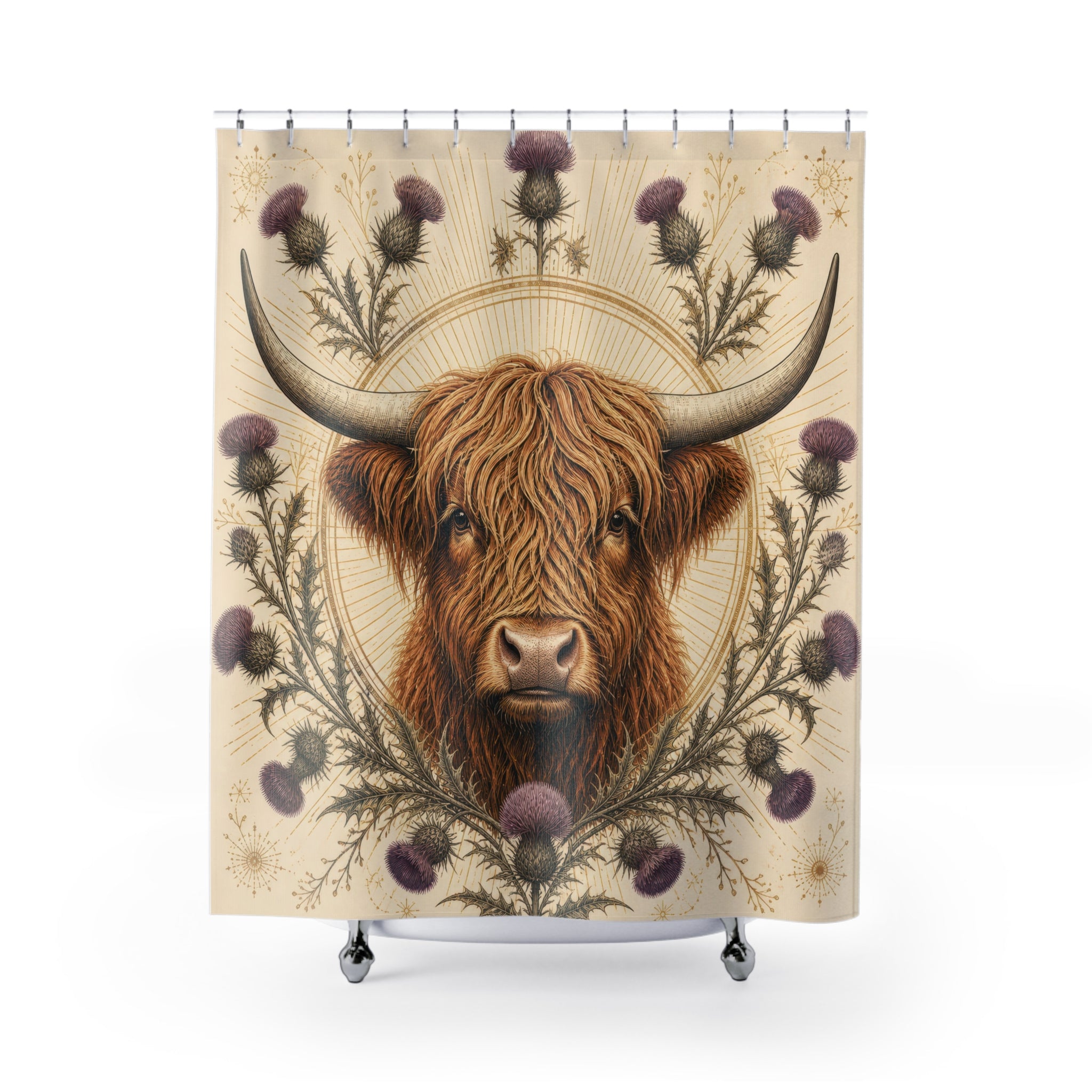 Golden Thistle Highland Cow Shower Curtain