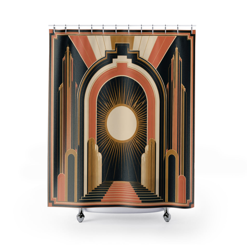 Coral and black Neo Art Deco sunburst portal with stepped arches shower curtain with full front view