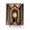 Coral and black Neo Art Deco sunburst portal with stepped arches shower curtain with full front view