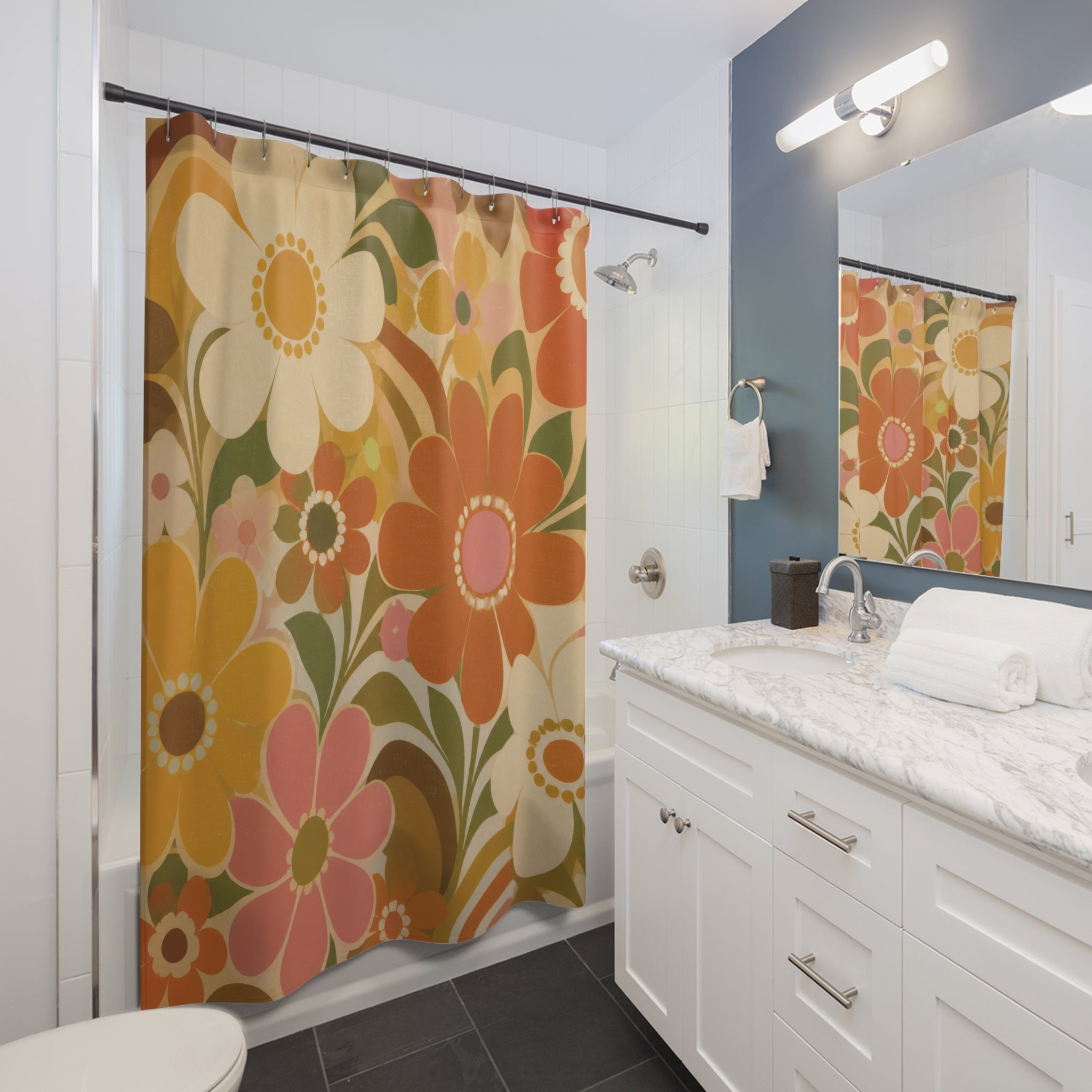 Retro Floral Shower Curtain: Orange Yellow Green Daisy Pattern