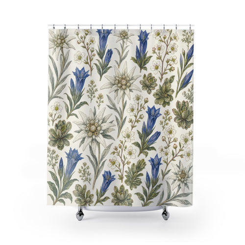 Alpine Floral Botanical blue wildflower shower curtain with full front view
