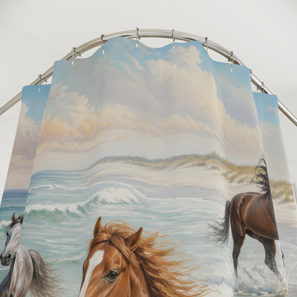 Three wild horses galloping through coastal surf shower curtain with close-up print, hooks, and folds