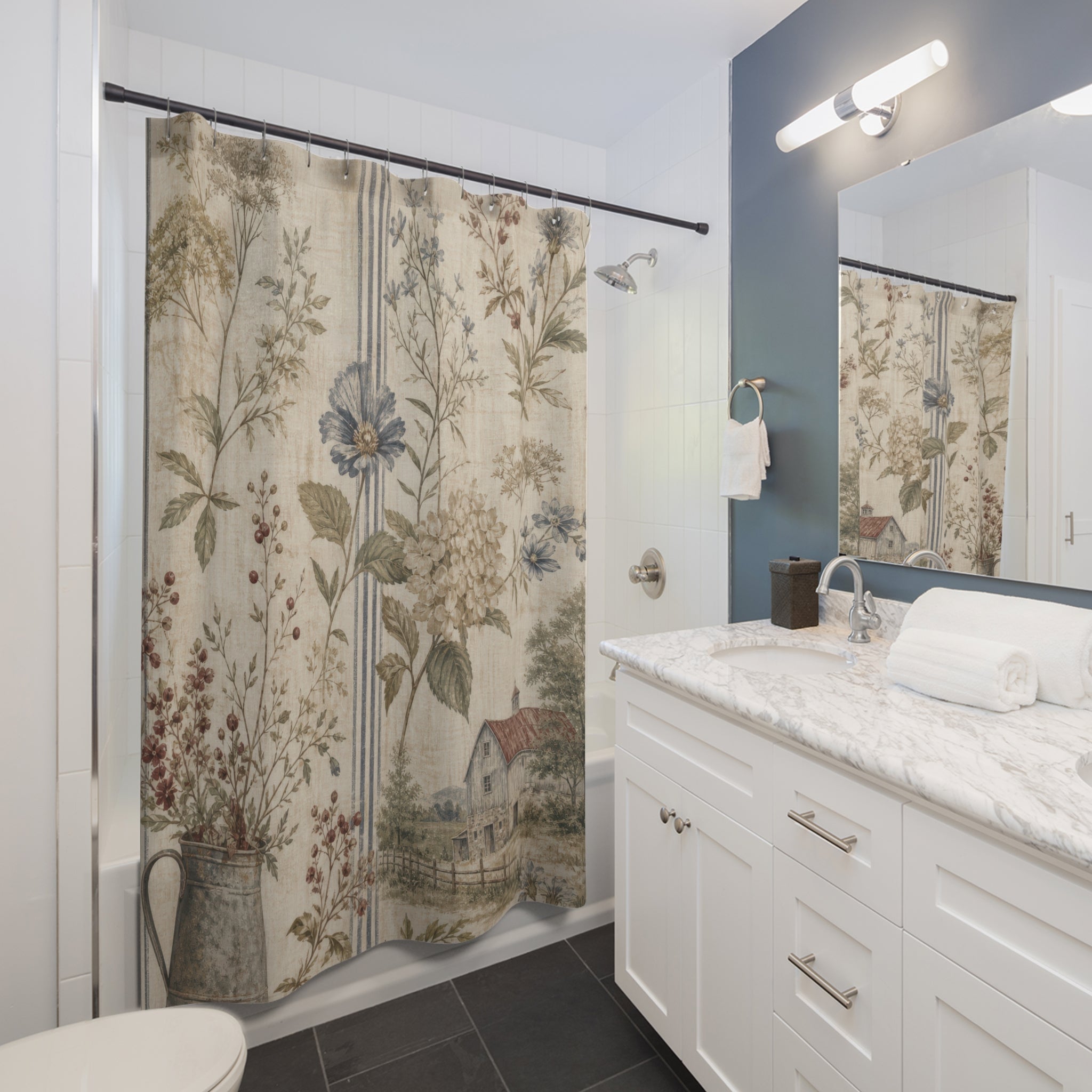 Vintage Farmhouse Shower Curtain: Country Botanical Landscape