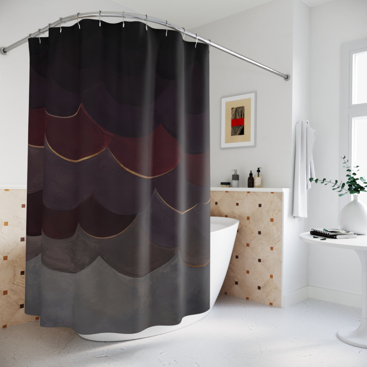 Aubergine and black cherry scallop bands with old gold accents shower curtain beside a freestanding tub