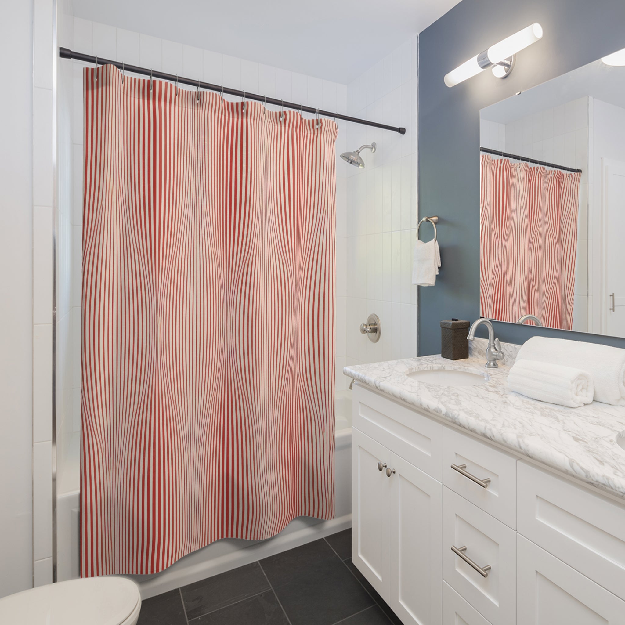 Red and White Striped Shower Curtain: Op Vertical Stripe