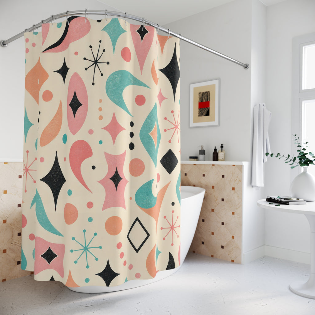 Retro Shower Curtain, Pink Teal Boomerang Atomic Pattern, Mid Century Bathroom Decor, Playful Guest Bath Wall Gift Idea For Home Style