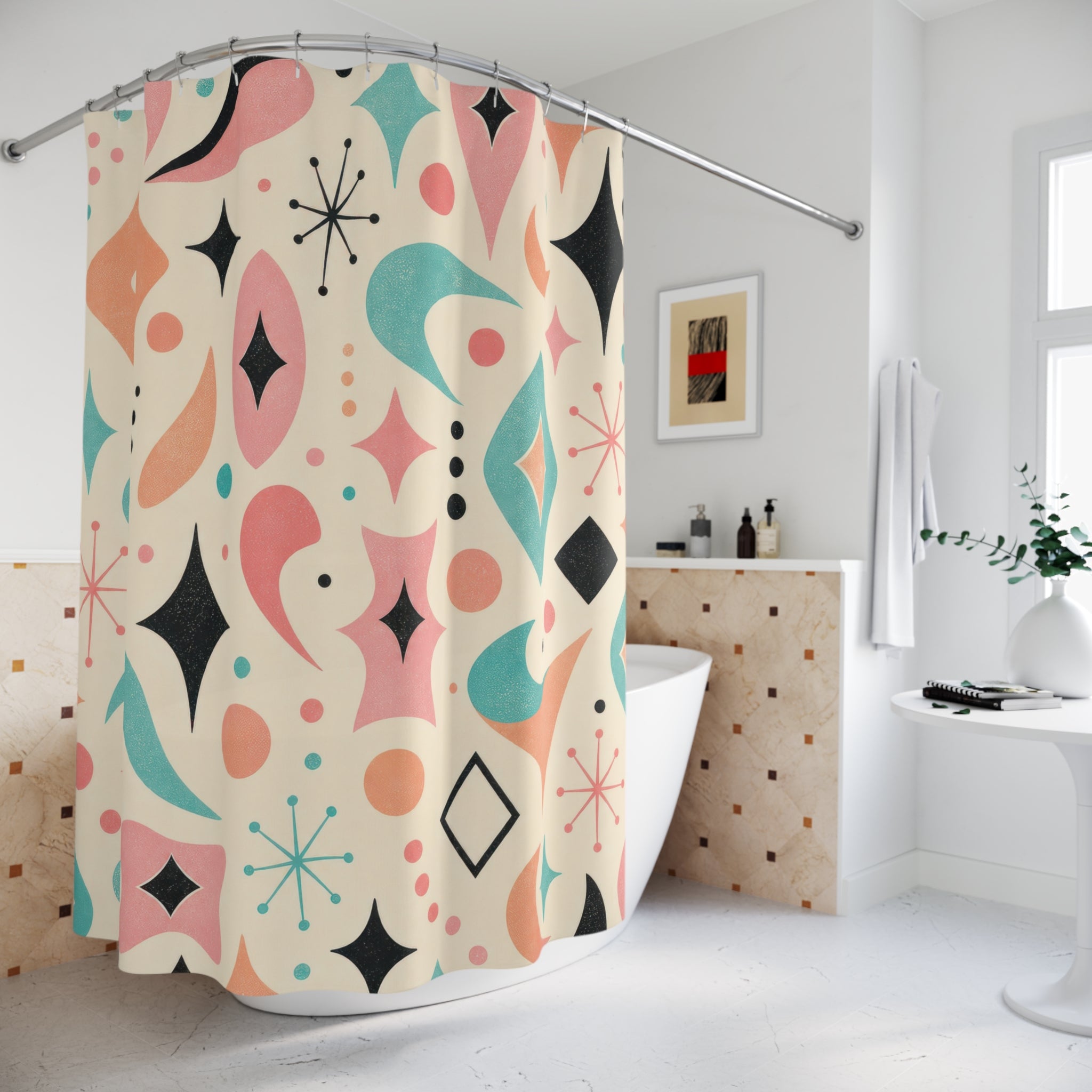 Retro Shower Curtain, Pink Teal Boomerang Atomic Pattern, Mid Century Bathroom Decor, Playful Guest Bath Wall Gift Idea For Home Style
