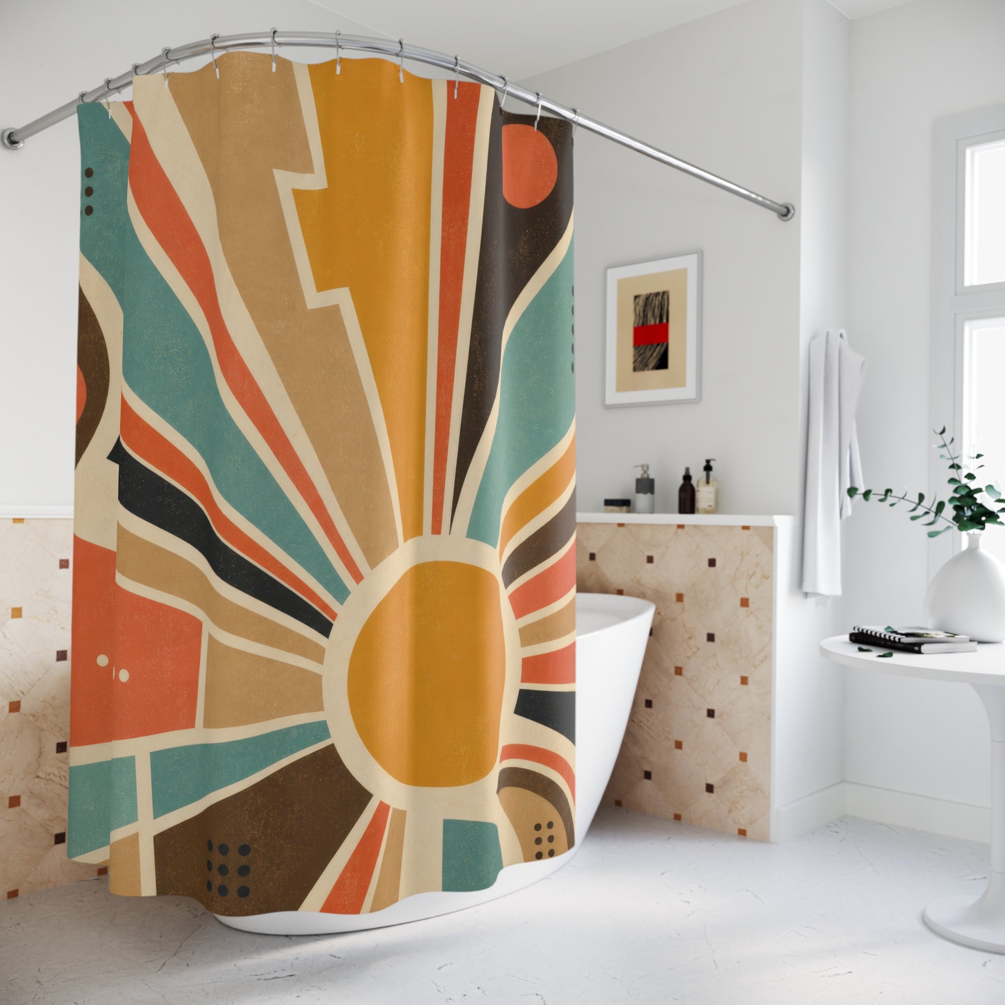 Mid Century Sunburst Geometric Shower Curtain
