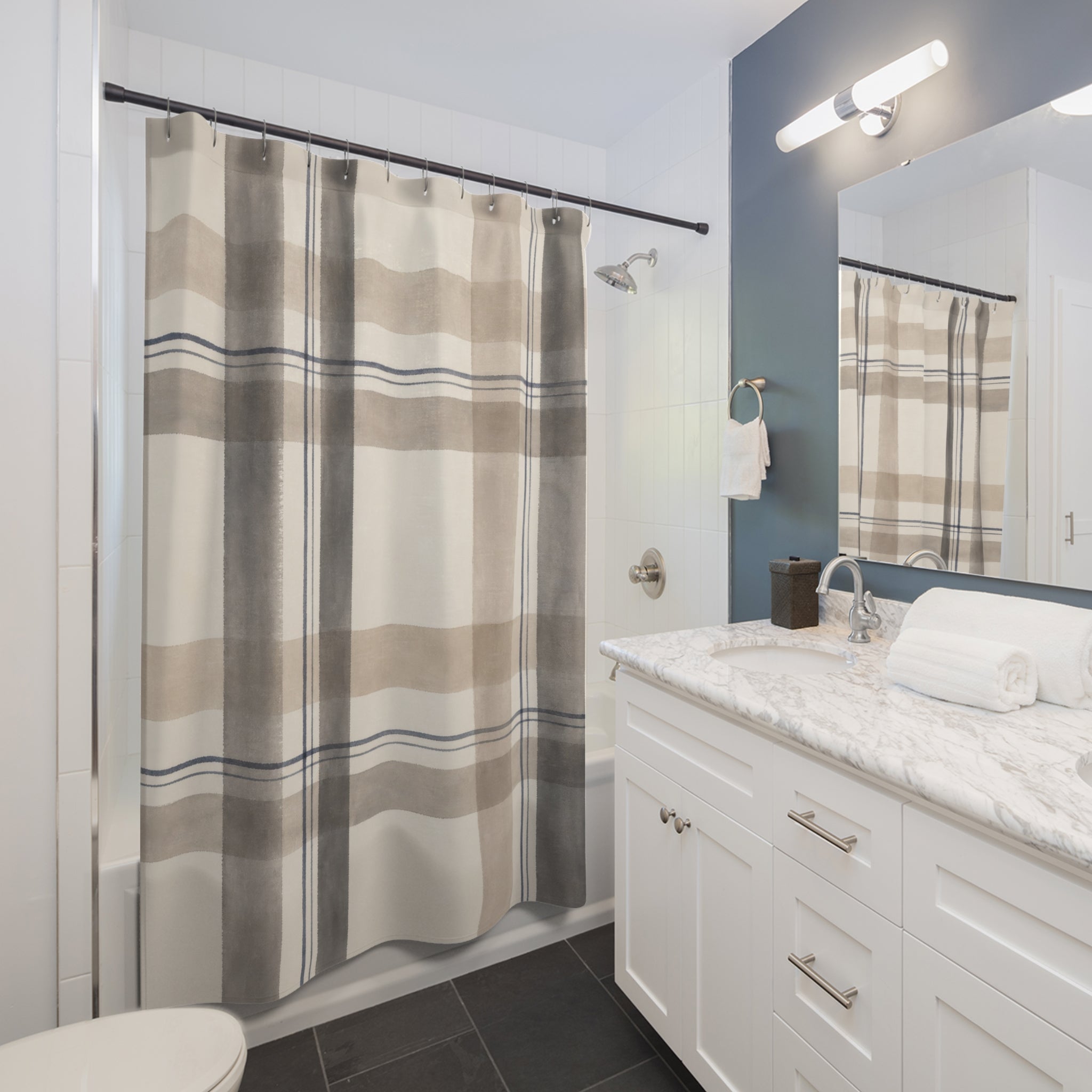 Black Beige Fine Check Shower Curtain