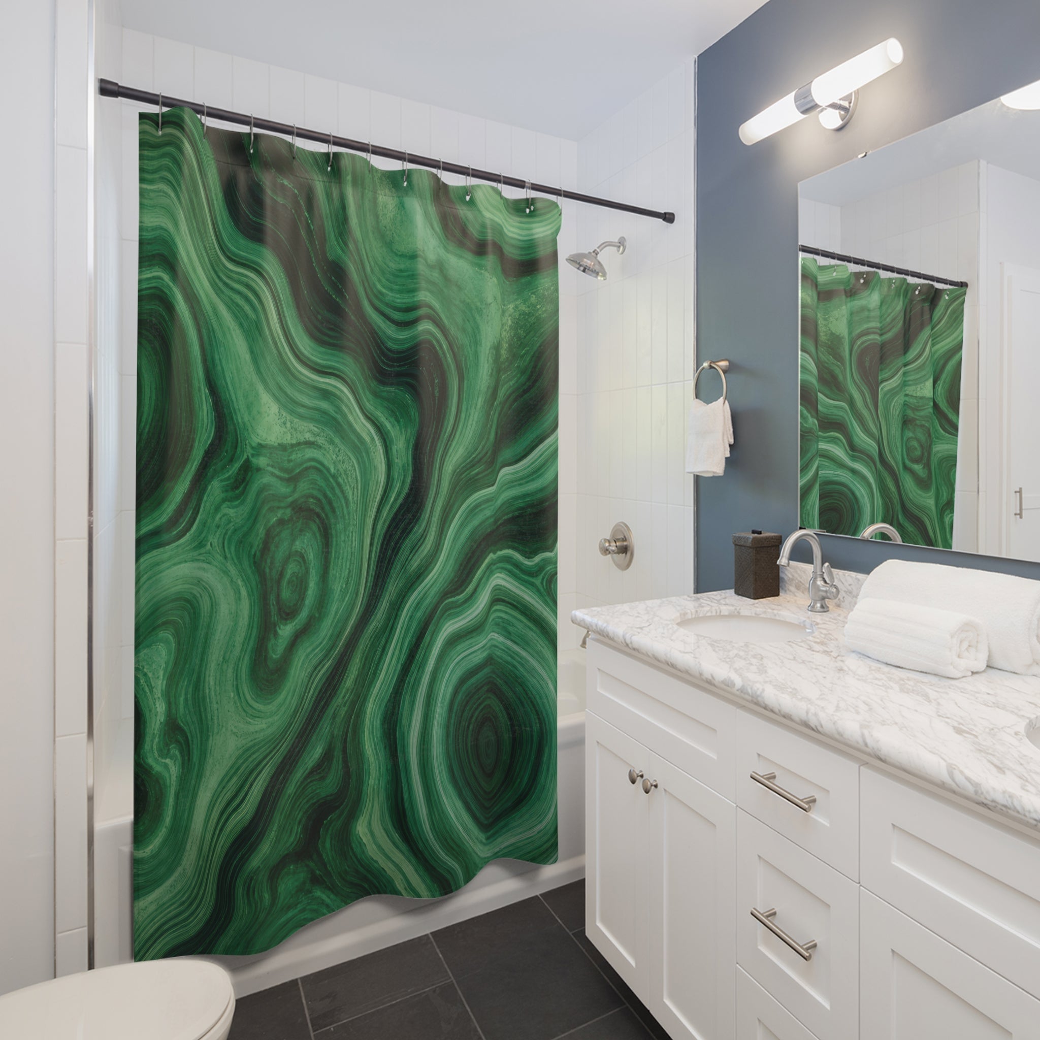 Dark Green Shower Curtain, Abstract Marble Agate Pattern, Emerald Forest Bath Decor, Moody Modern Guest Bathroom Accent, Stone Look