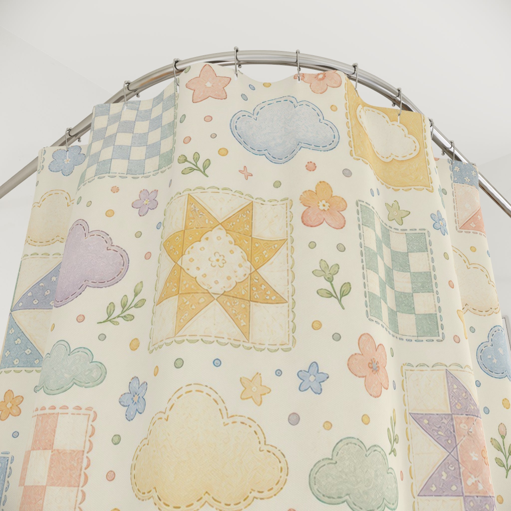 Cloud Shower Curtain, Cute Pastel Bath Decor, Patchwork Gingham Sky Pattern, Soft Geometric Guest Bathroom Decor, Soft Pastel Style