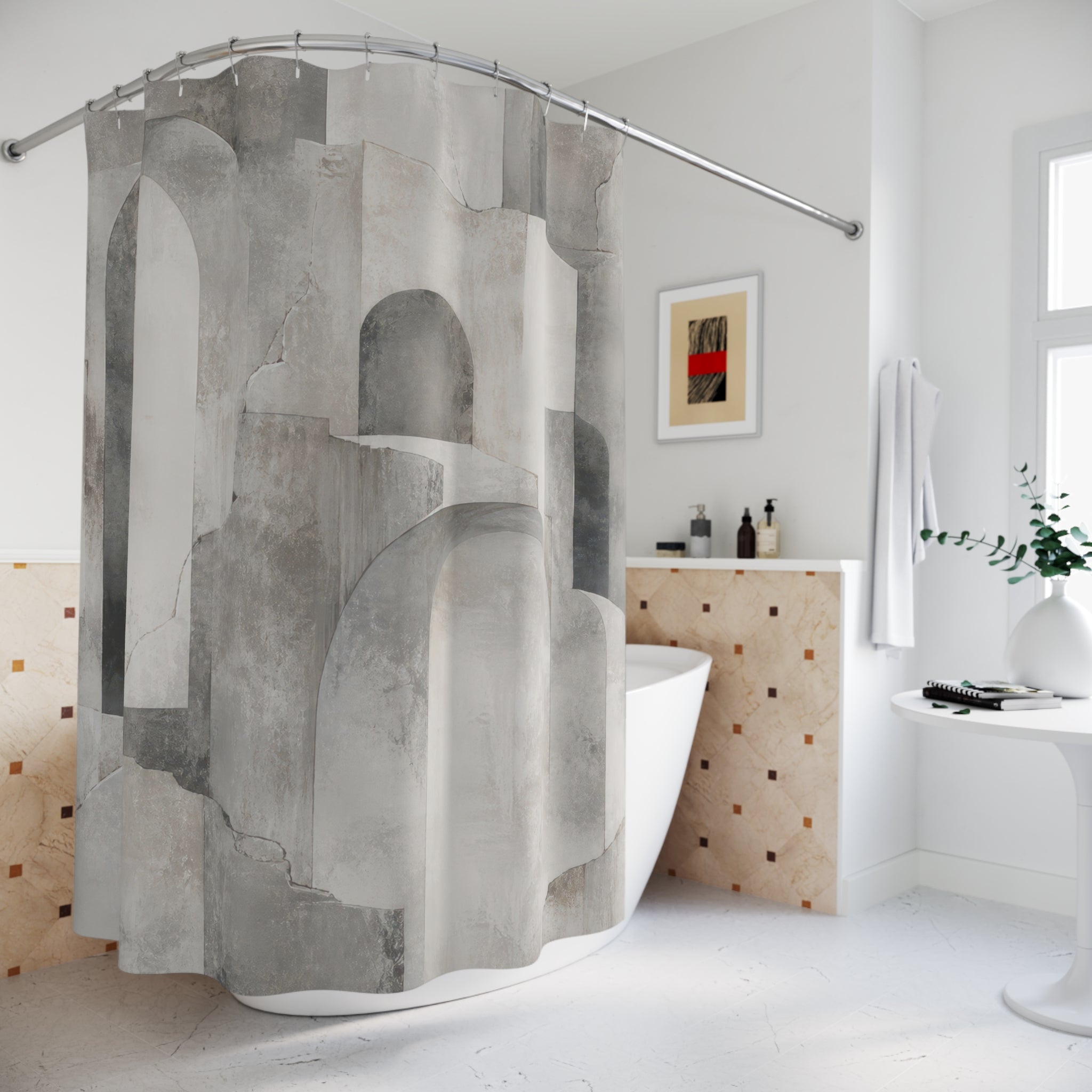 Architectural Shower Curtain, Gray Geometric Bath Decor, Abstract Arch Pattern, Modern Neutral Guest Bathroom Decor, Urban Modern Style