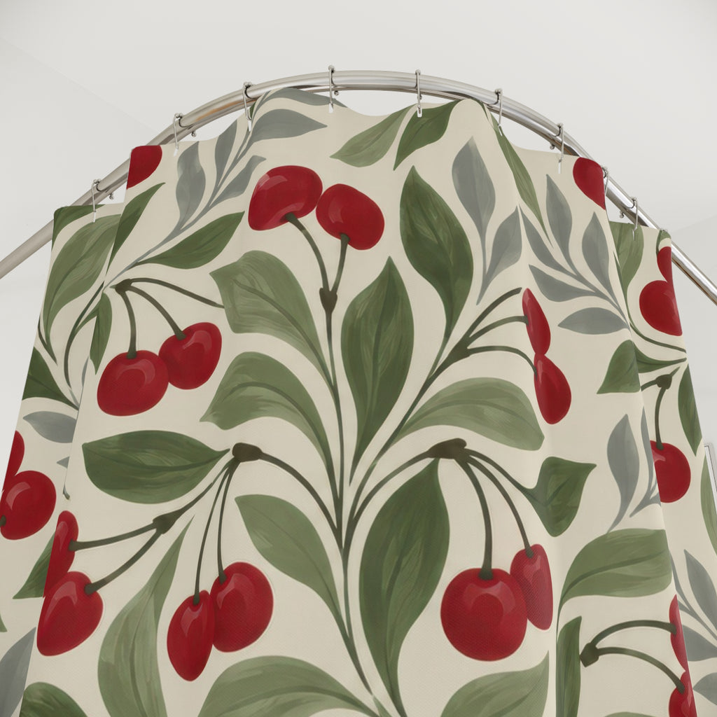Red cherry pinwheels with sage and grey leaves on cream shower curtain with close-up print, hooks, and folds