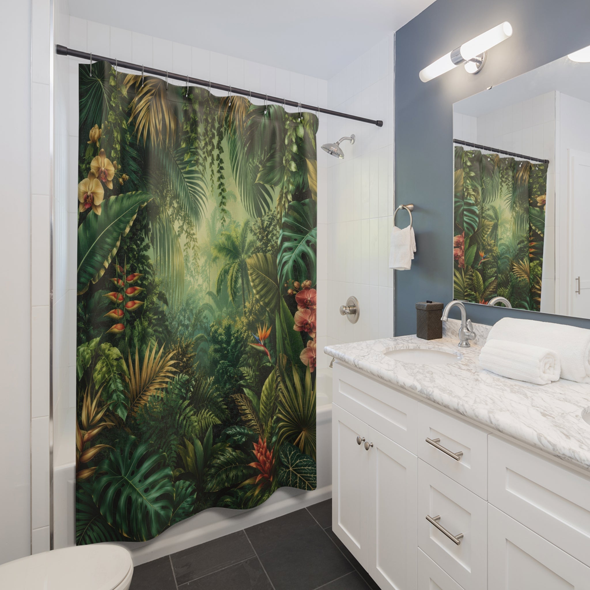 Green Botanical Shower Curtain: Tropical Jungle Leaf
