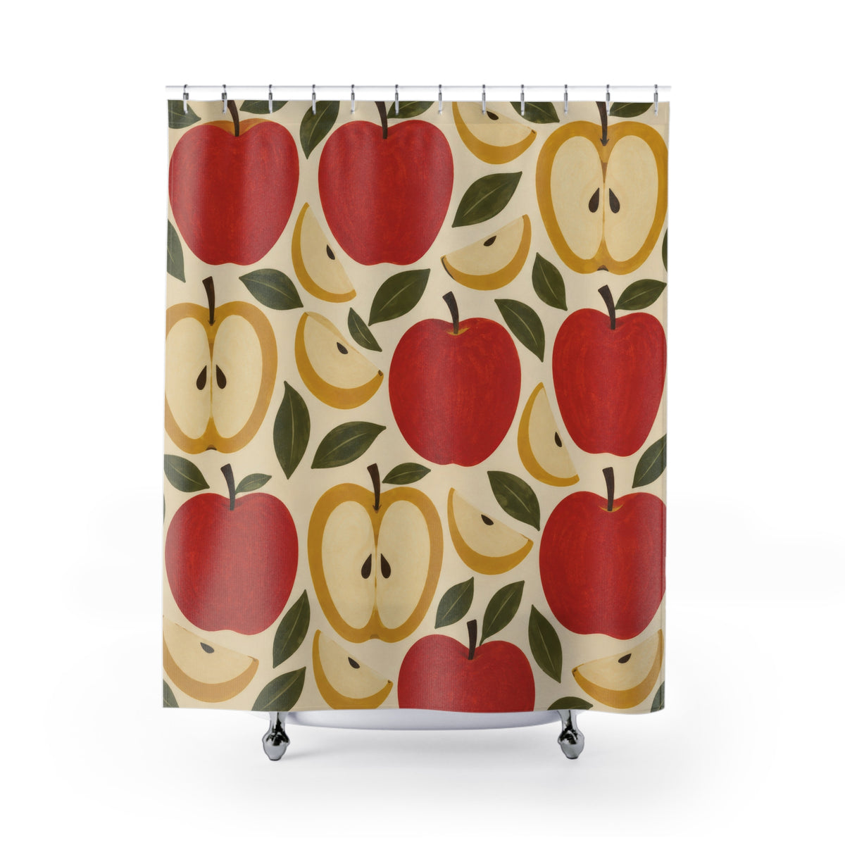 Red apples and yellow apple halves with olive leaves shower curtain with full front view