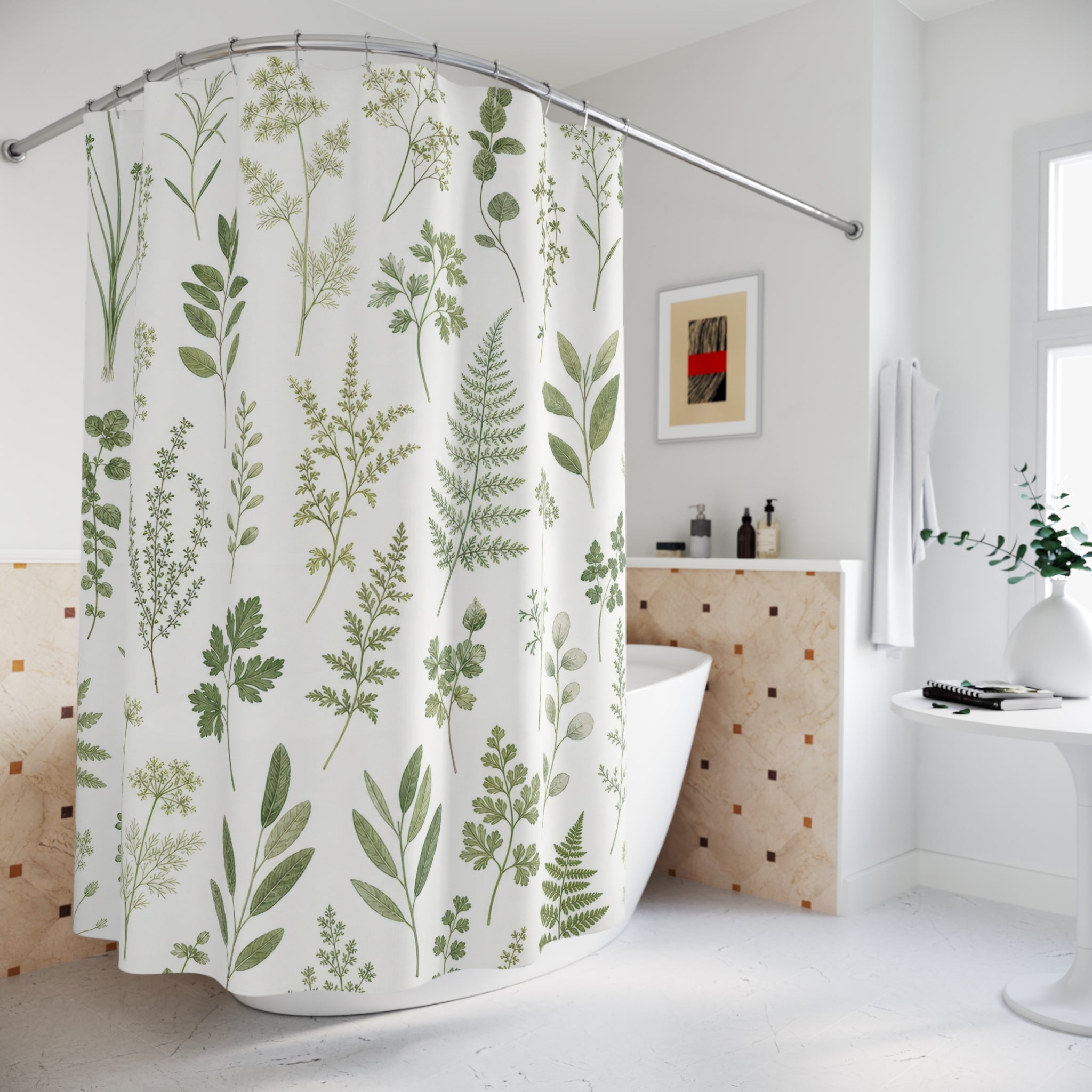 Green White Herb Stem Shower Curtain