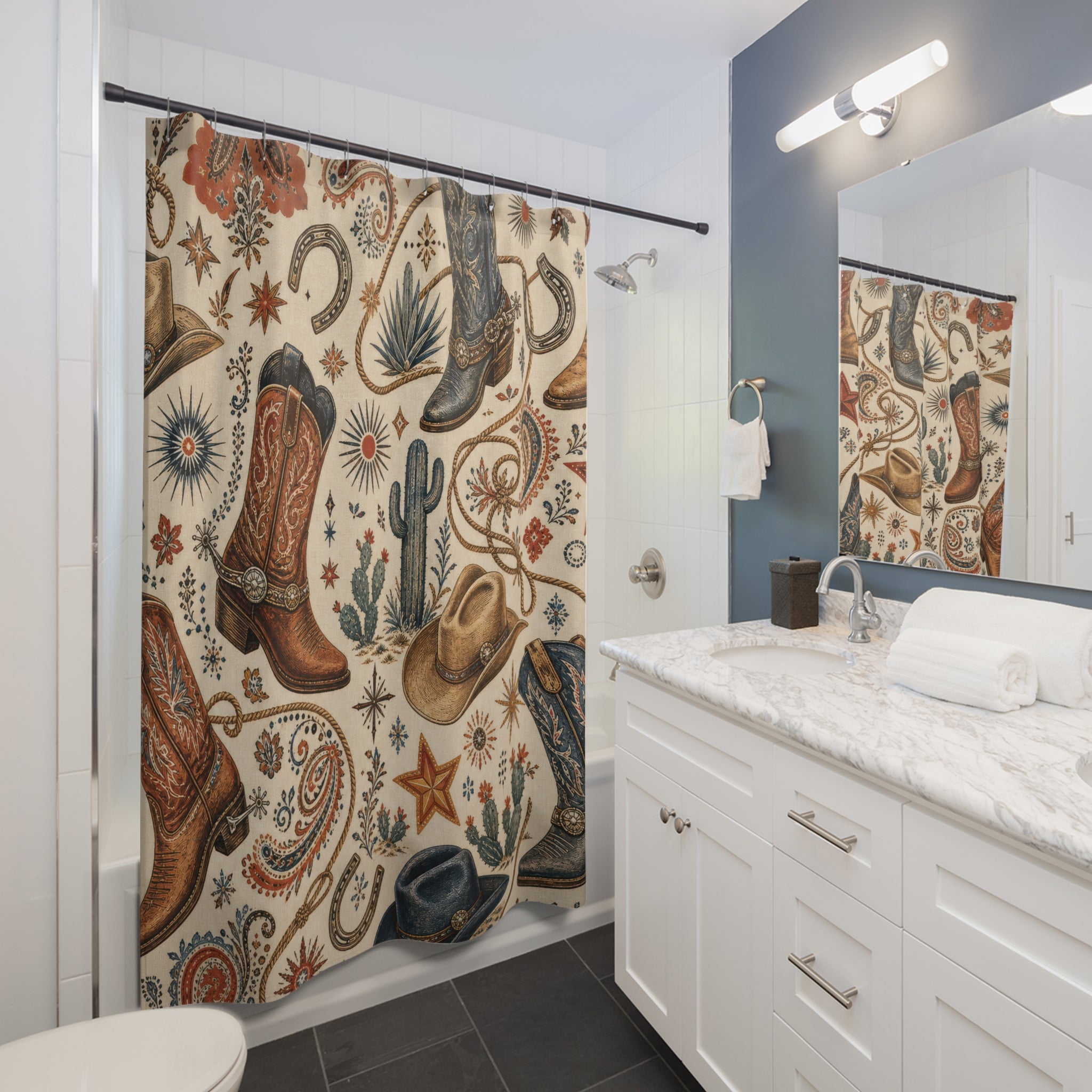 Cowboy Shower Curtain: Western Paisley Boot Pattern