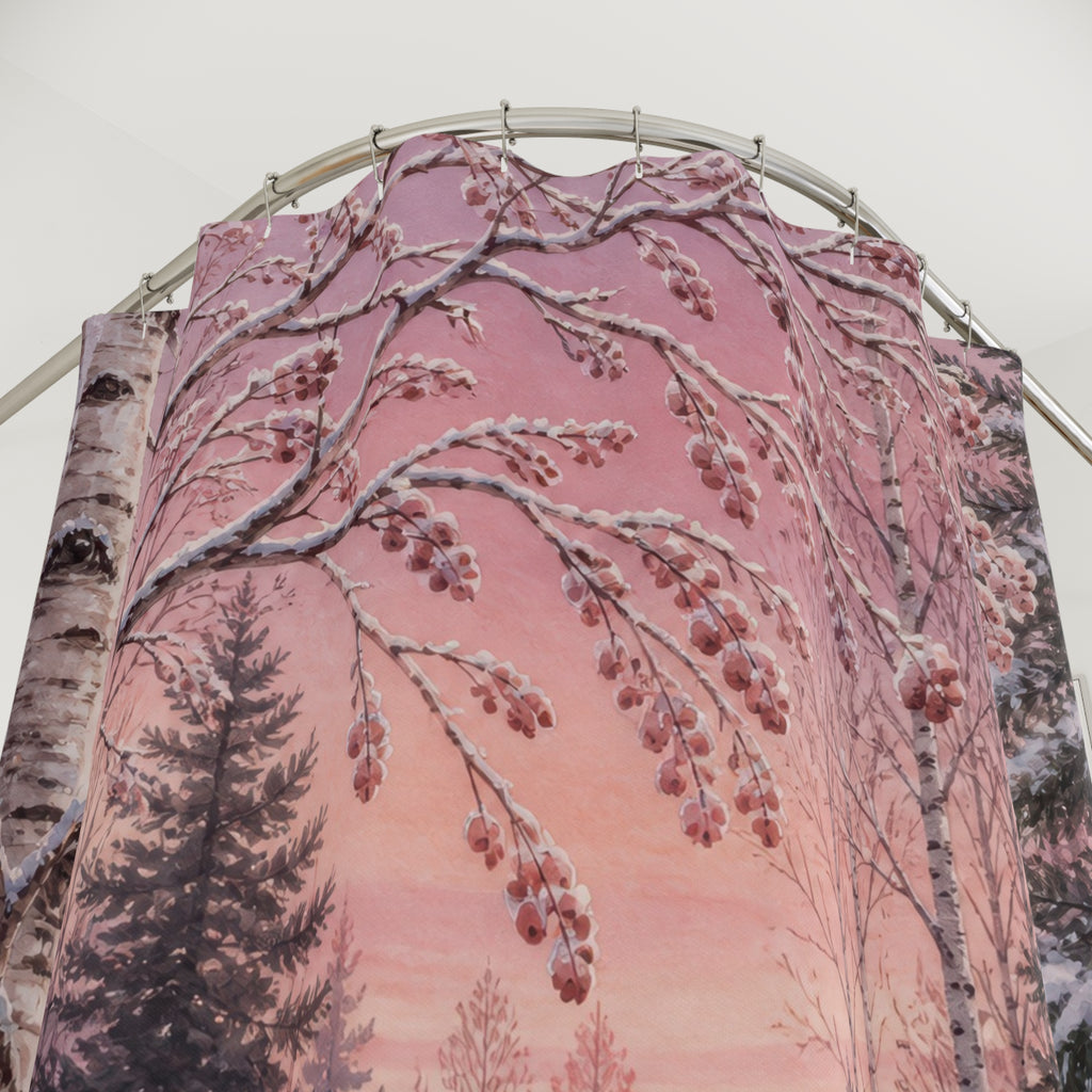 Winter woodland snowshoe hare among birches shower curtain with close-up print, hooks, and folds