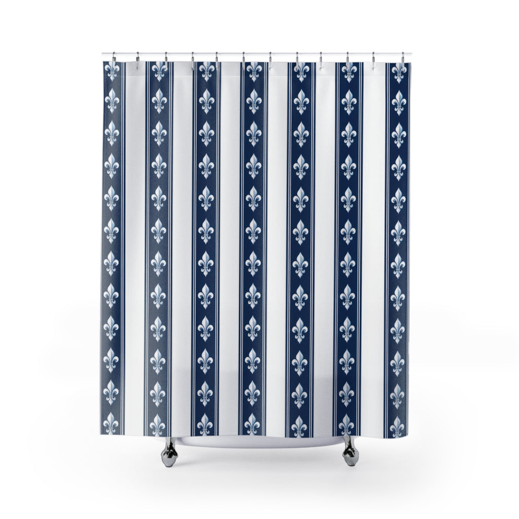 White fleur-de-lis motifs in navy and white vertical bands shower curtain with full front view
