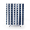 White fleur-de-lis motifs in navy and white vertical bands shower curtain with full front view