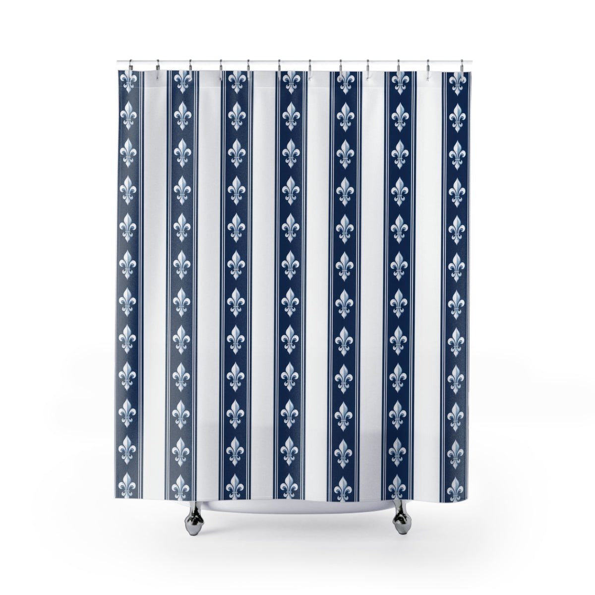 White fleur-de-lis motifs in navy and white vertical bands shower curtain with full front view