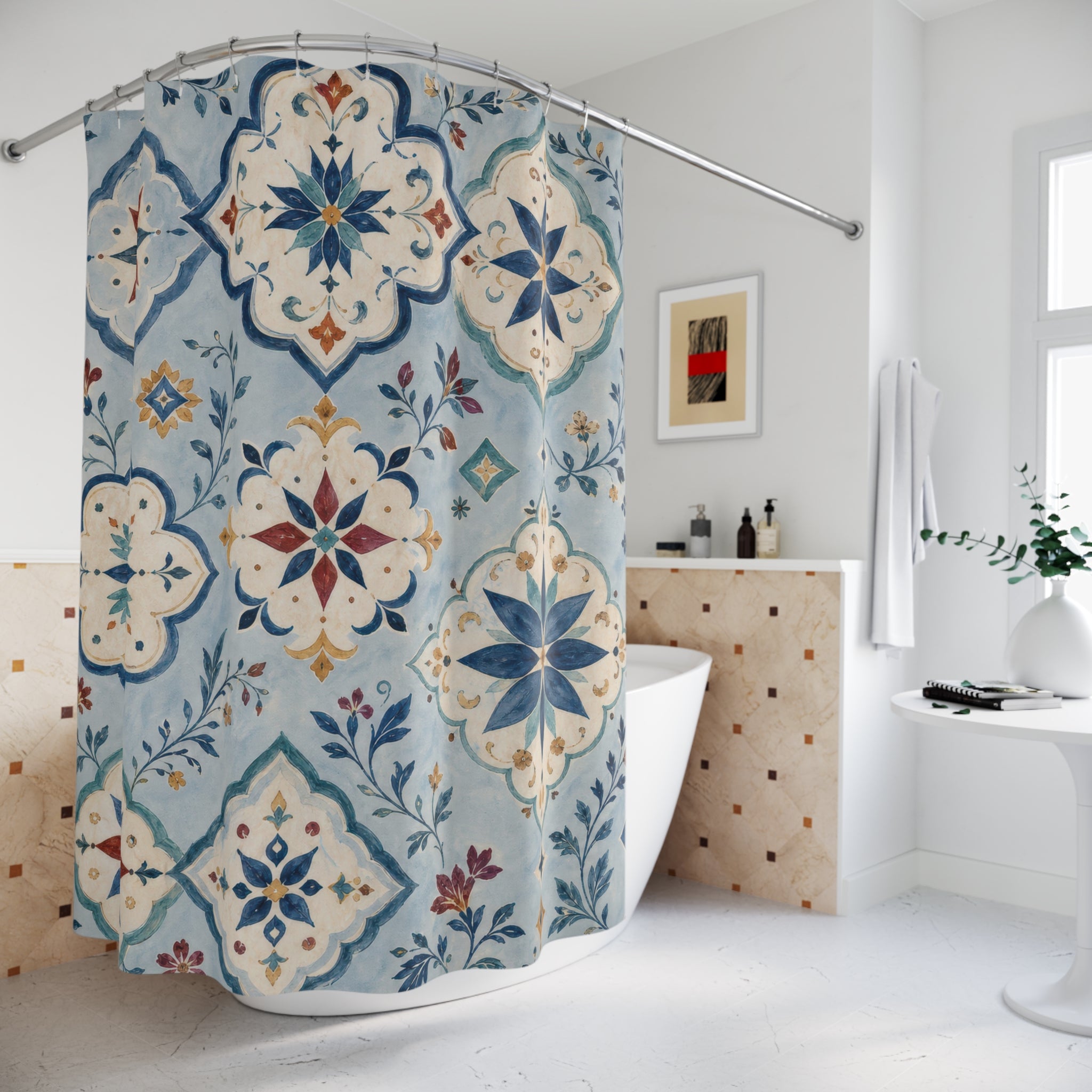 Blue Moroccan Tile Shower Curtain, Mediterranean Bathroom Decor, Blue Tile Bath Curtain, Patterned Guest Bathroom Decor, Tile Bath Decor