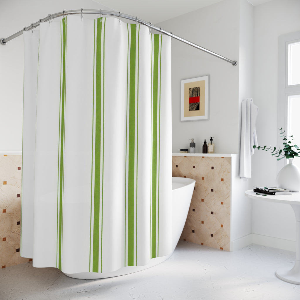 White Farmhouse Green Stripe Shower Curtain