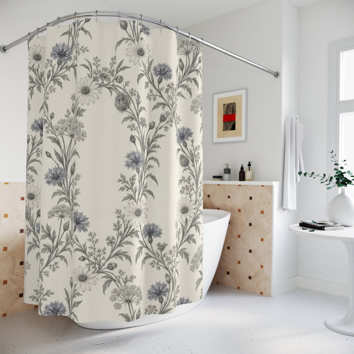 Grey daisies and cornflowers in airy garlands on ivory shower curtain beside a freestanding tub