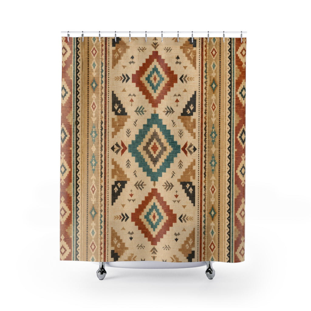 Southwest Shower Curtain, Rust Teal Geometric Diamond Pattern, Boho Desert Bathroom Decor, Boho Desert Wall Decor Guest Bath Wall Gift