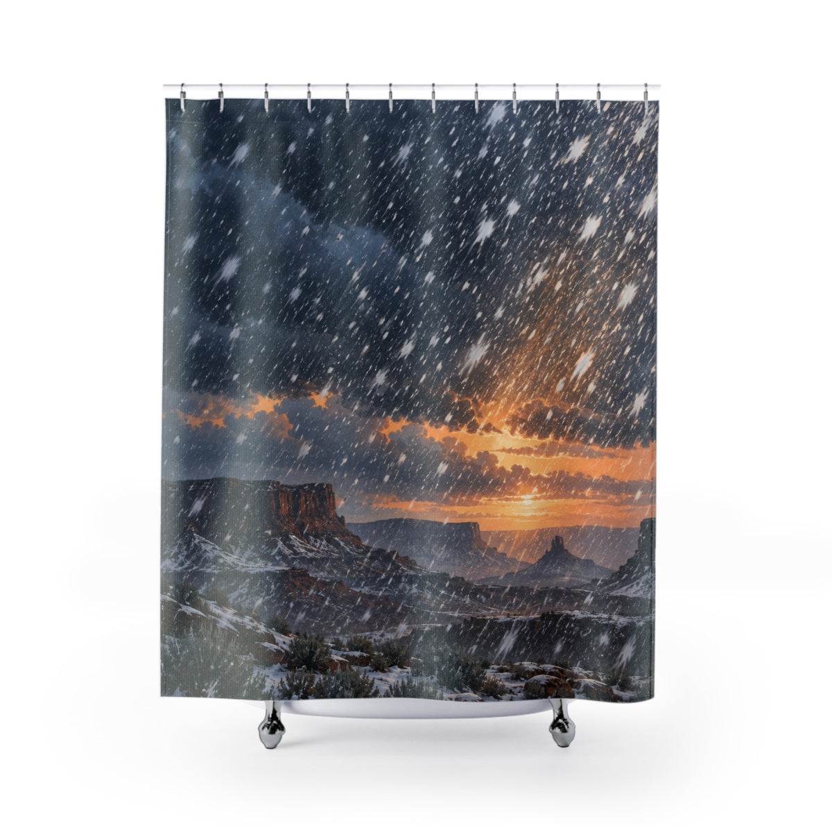 Western mesa snowfall shower curtain with full front view