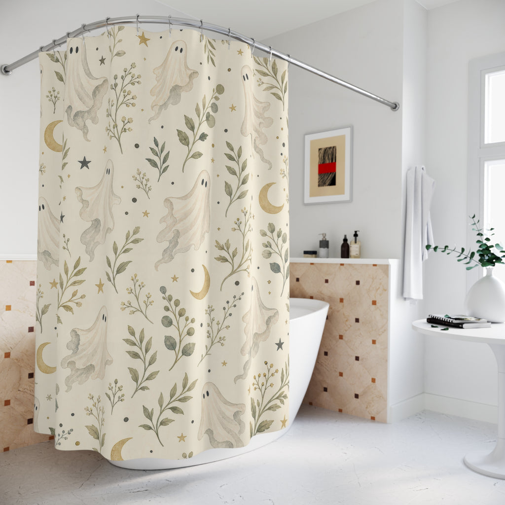 Halloween Ghost Cottage Cottagecore Beige Black Shower Curtain