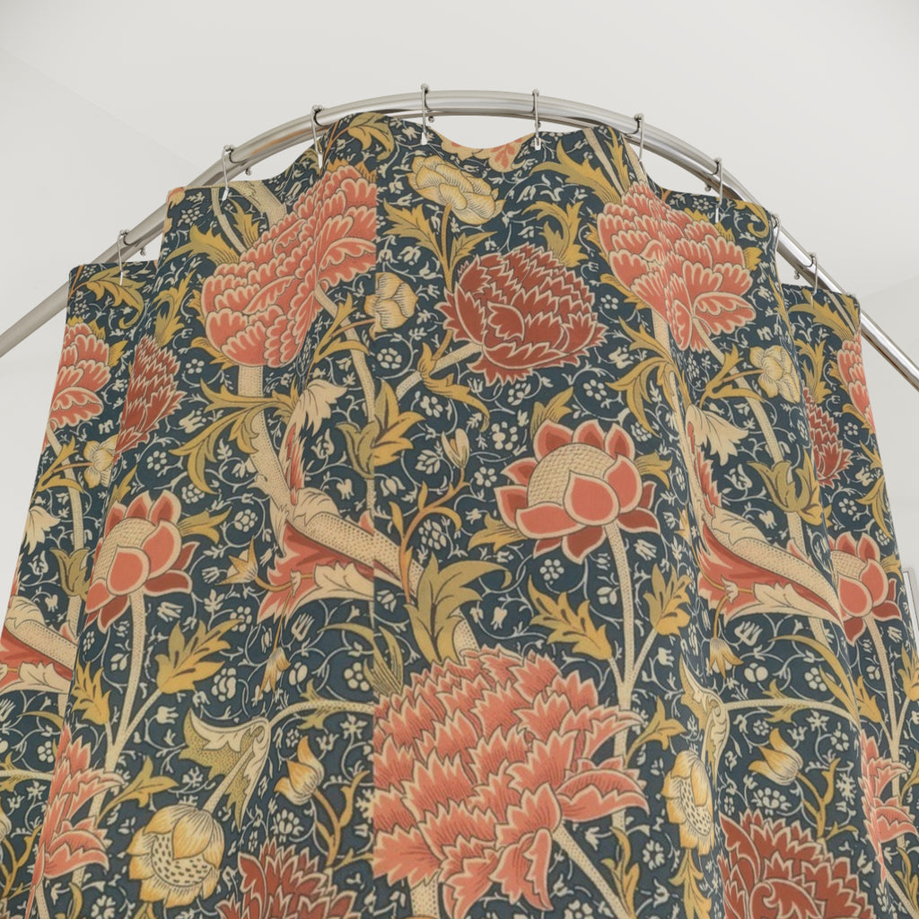 Morris Cray Shower Curtain – Coral Peony on Navy
