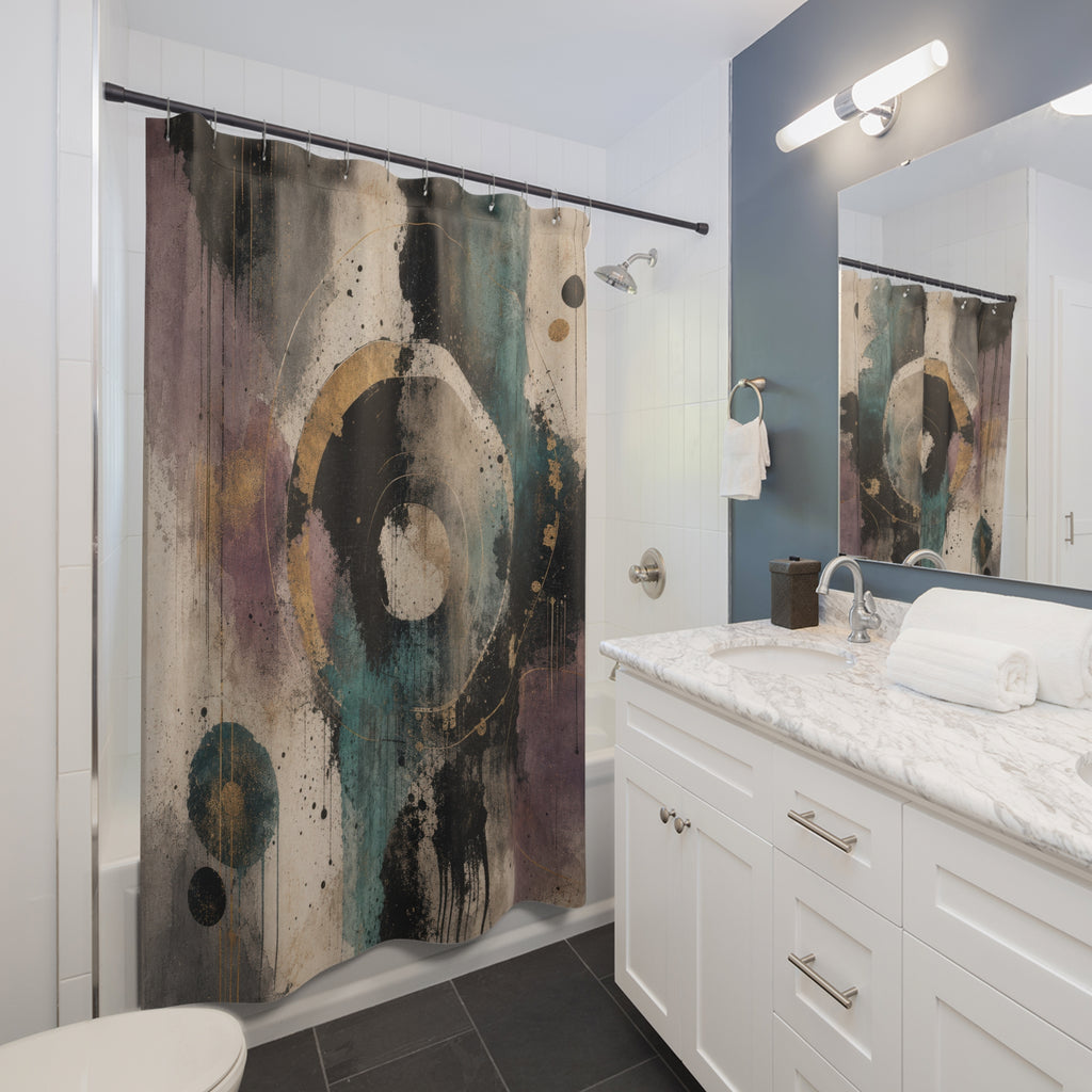 Abstract Shower Curtain, Black Teal Circle Design, Purple Gold Modern Bath Decor, Moody Geometric Guest Bathroom Style, Dark Decor