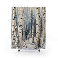 Winter woodland snowy birch grove pattern shower curtain with full front view