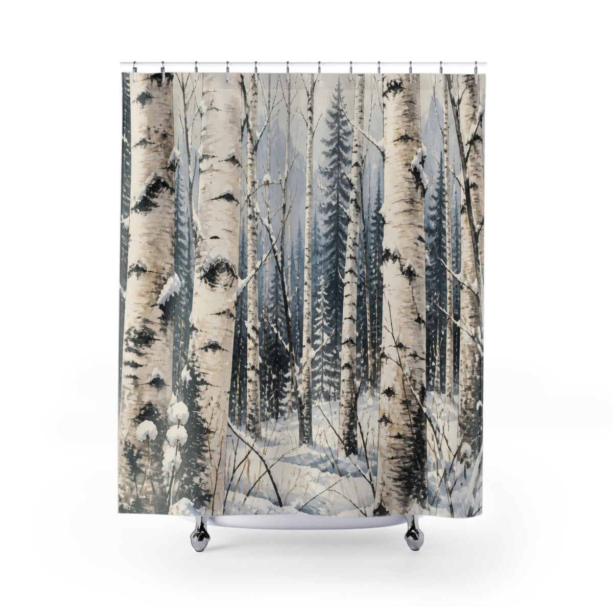 Winter woodland snowy birch grove pattern shower curtain with full front view