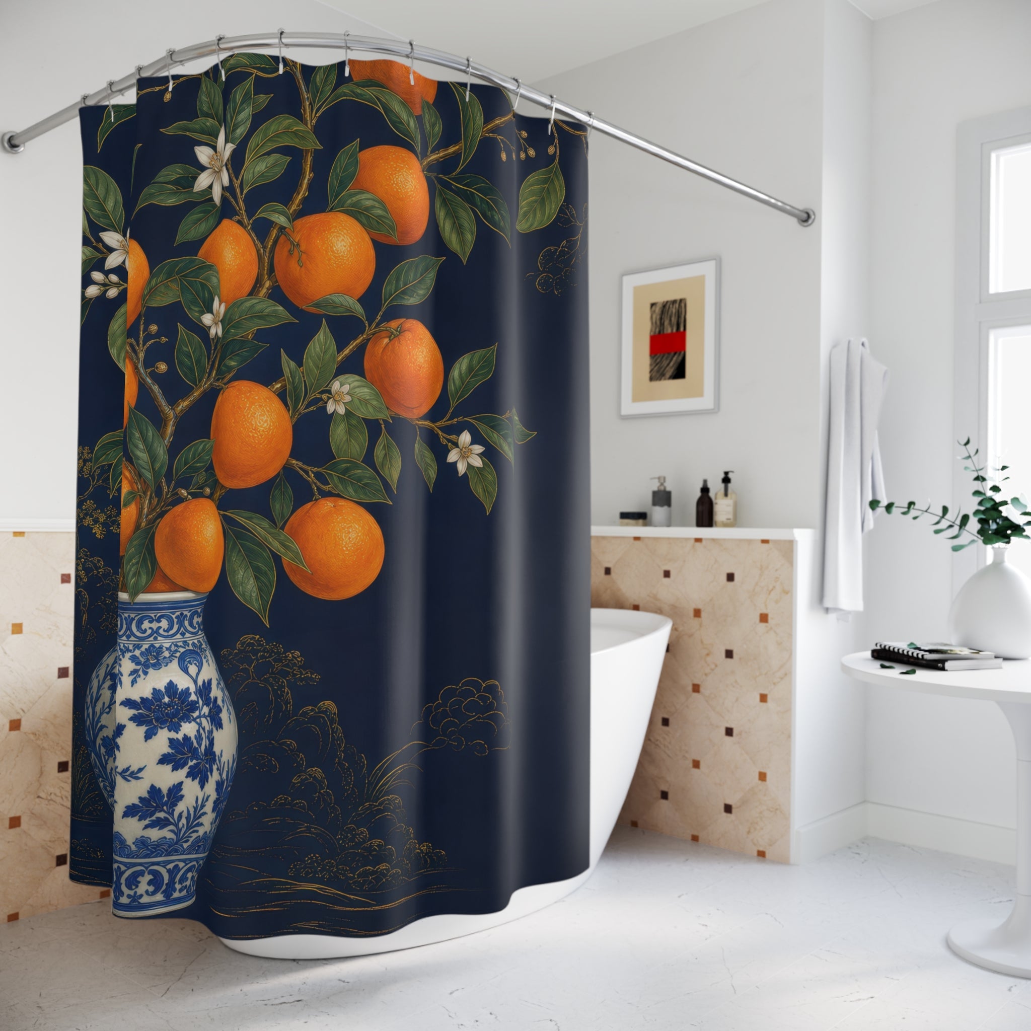 Blue Chinoiserie Orange Shower Curtain