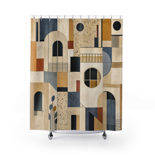 Abstract Geometric modernist architectural arch shower curtain with full front view