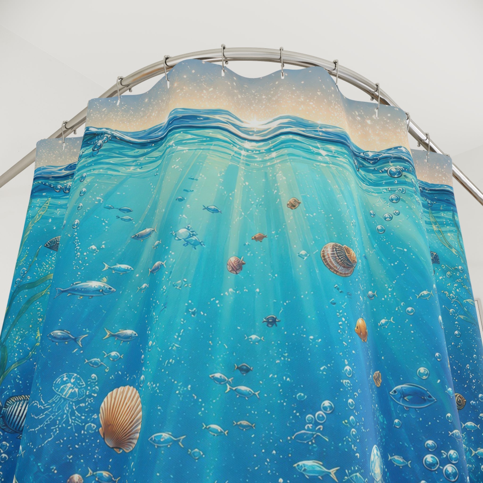 Unique Ocean Shower Curtain, Underwater Coral Reef Art, Turquoise Blue Coastal Bathroom Decor, Beach House Wall Guest Bath Gift For Home